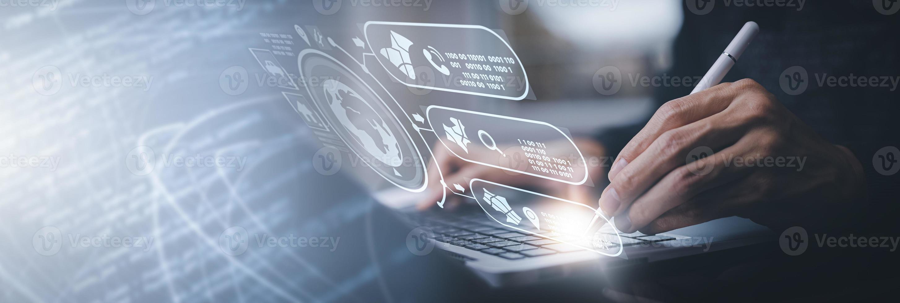 Concept Technology with Laptop. Hand using laptop with forex graph hologram, Concept technical analysis, digital software technology development, Data Processing, internet network technology concept photo