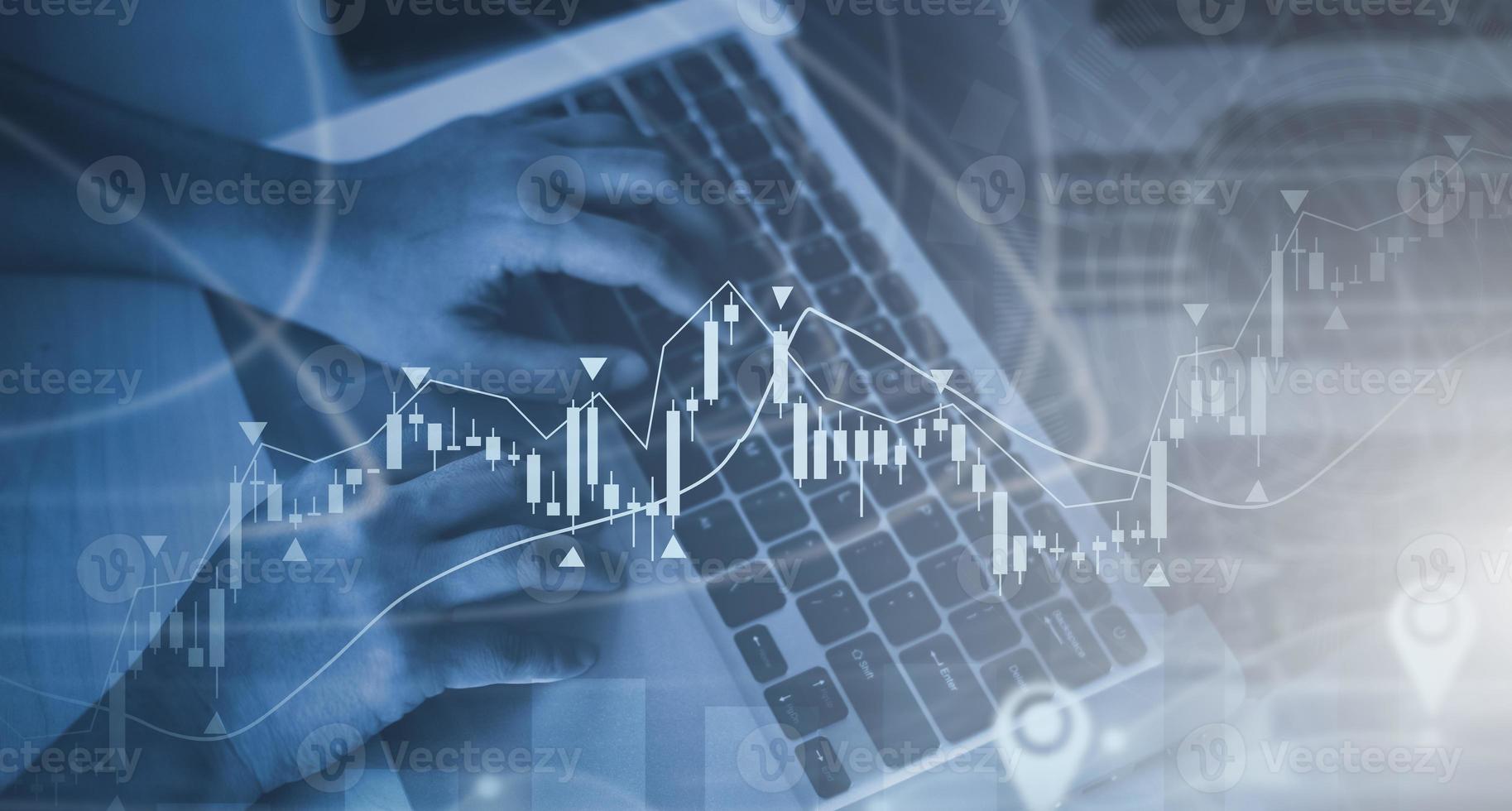Concept Technology with Laptop. Hand using laptop with forex graph hologram, Concept technical analysis, digital software technology development, Data Processing, internet network technology concept photo