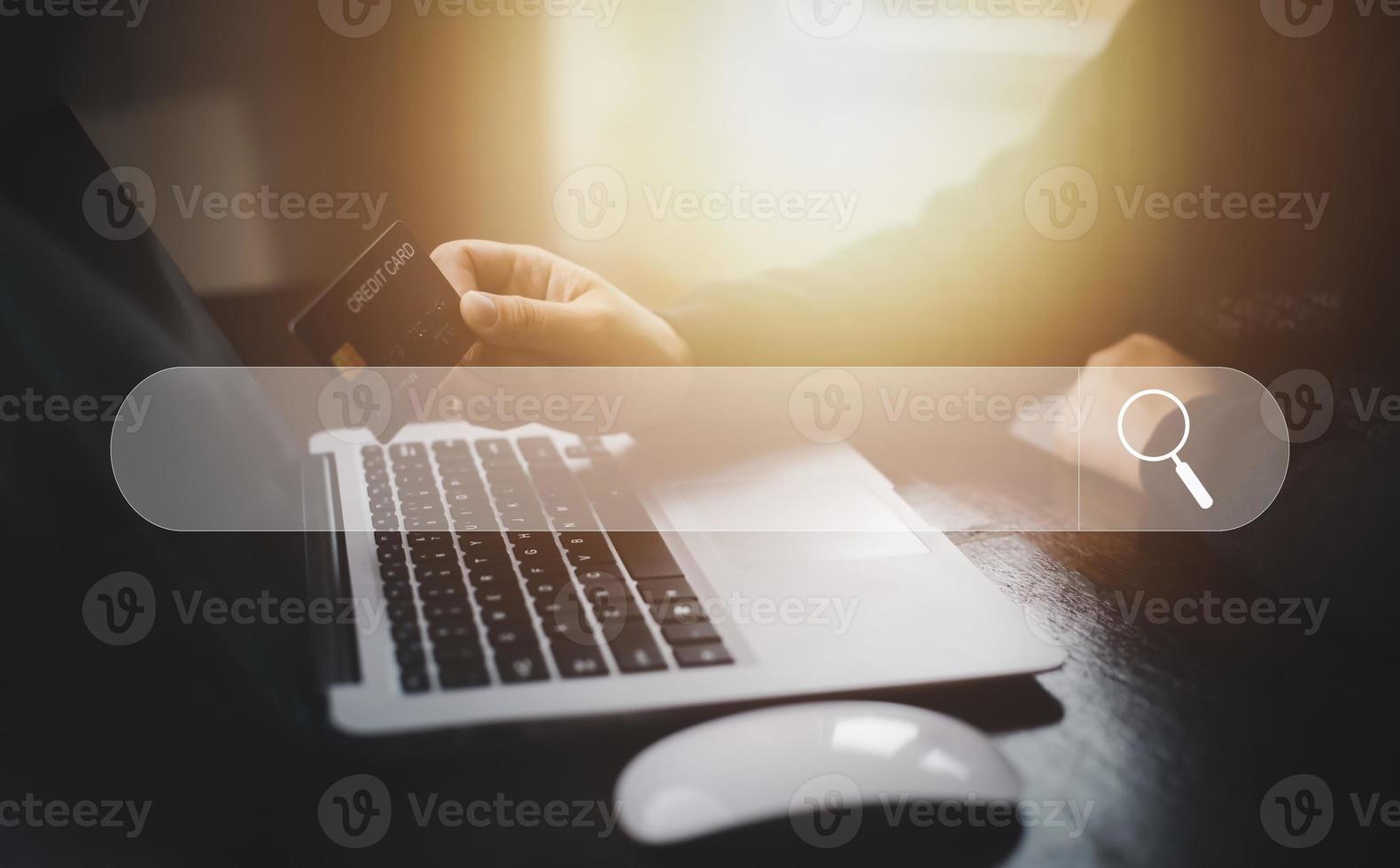 Searching Browsing Internet Data Information with blank search bar. man's hands are using smartphone and keyboard to Searching for information. Using Search Console with your website. photo