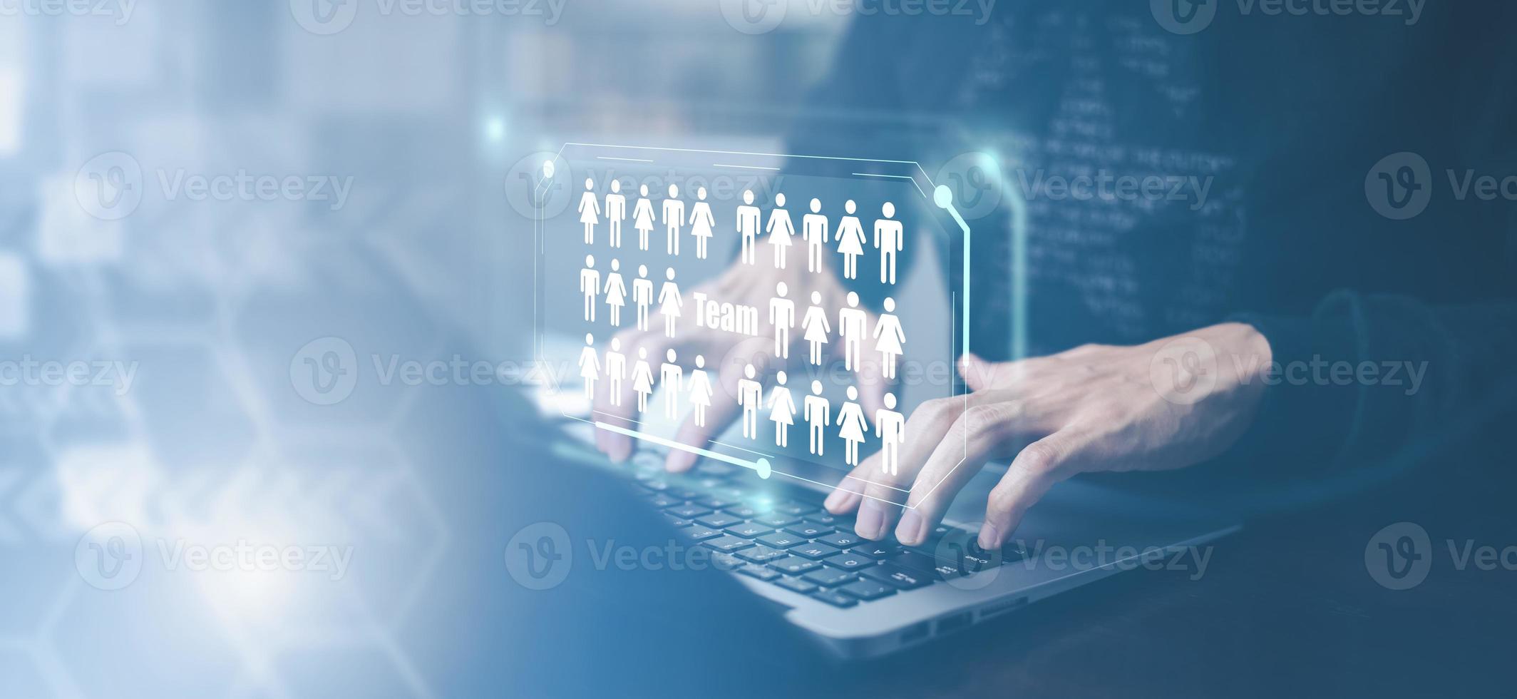 Businessman using laptop with Graph Human or people icon on the white background,Technology Process System Business with Recruitment, Hiring, Team Building. Organisation structure, Teamworks photo
