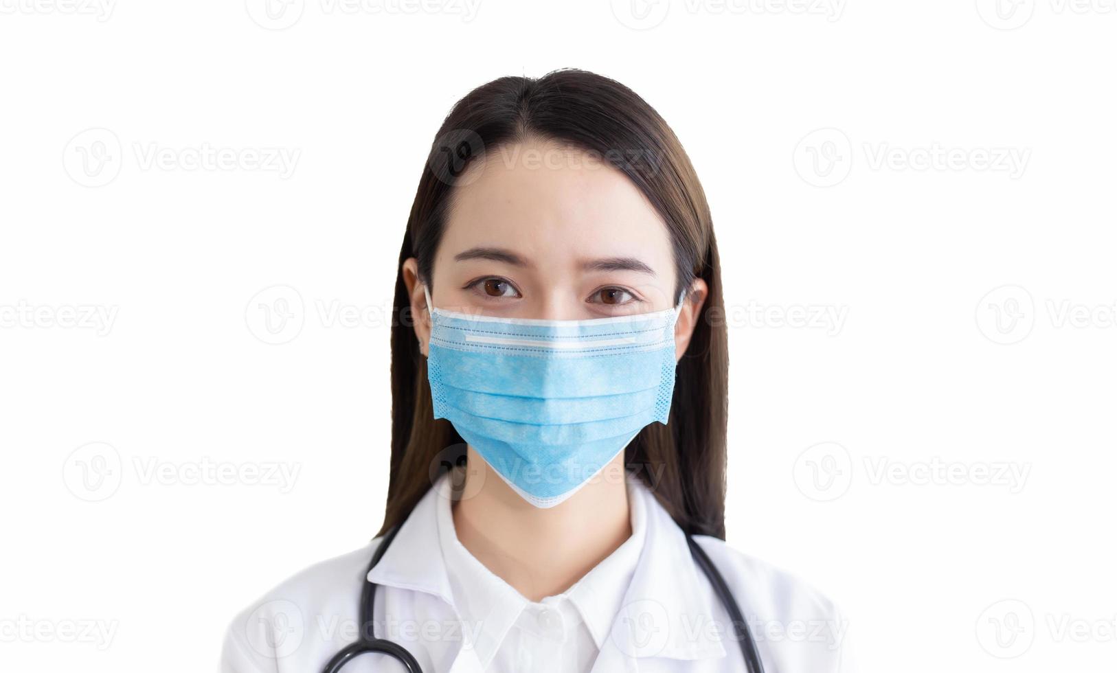 Professional Asian young woman doctor wear a Surgical mask to protect coronavirus and germs. Banner panorama medical staff preventive gear isolated on white background.. photo