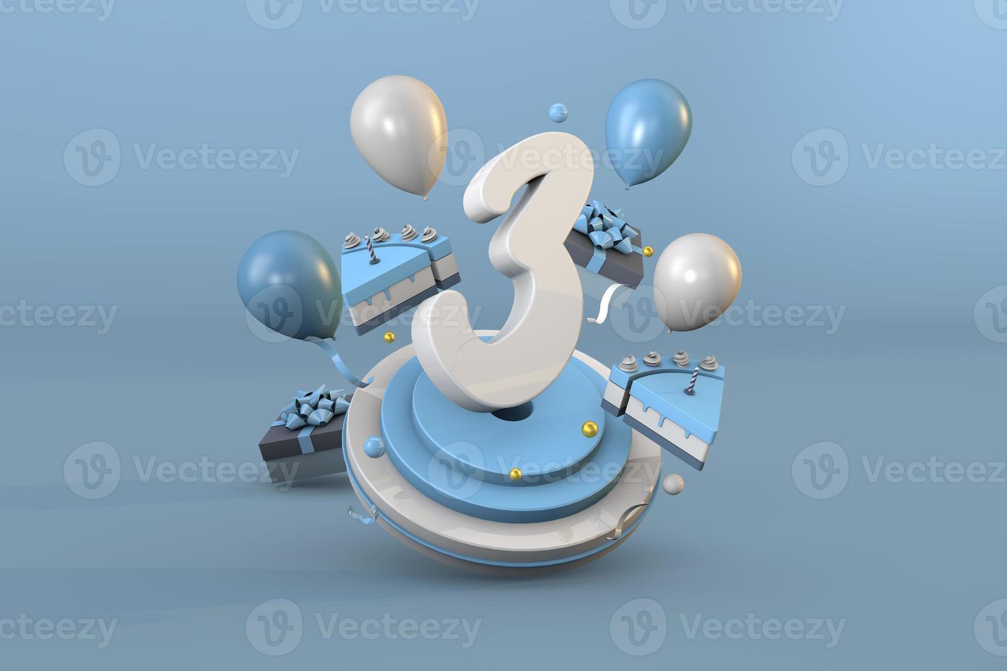 Number 3 a blue birthday celebration. 3d render photo