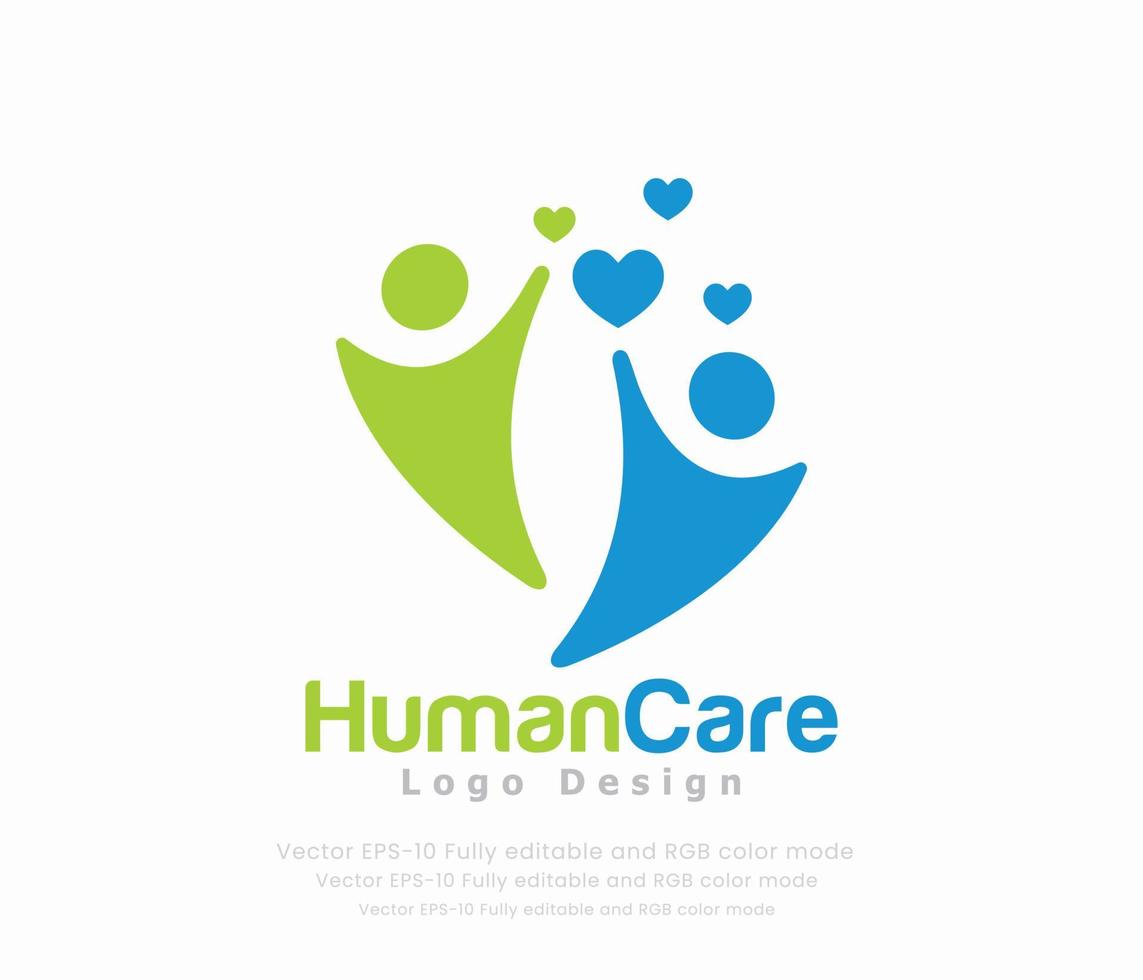 Human care logo design with a heart and a couple holding hands vector