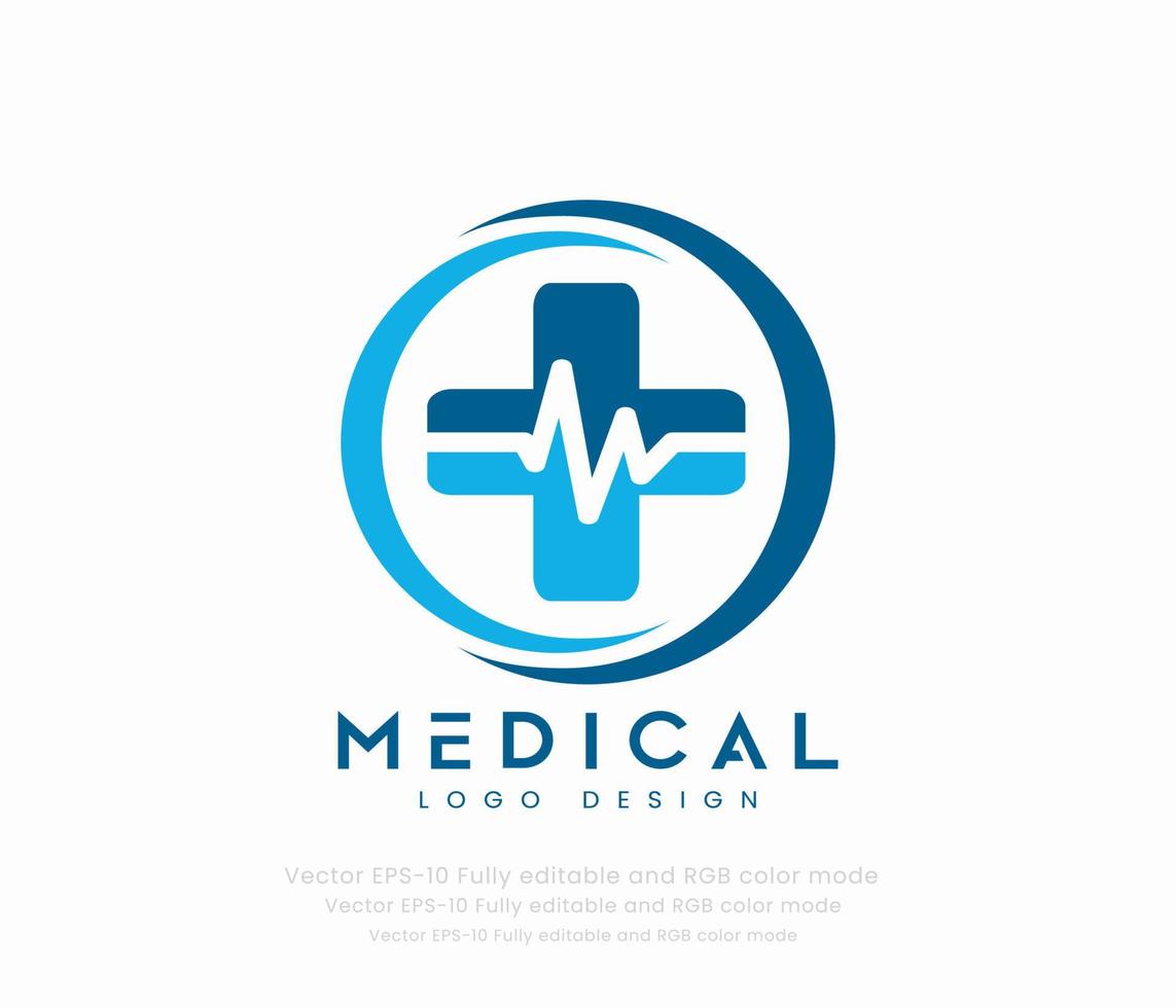 médico logo con un corazón y cruzar vector