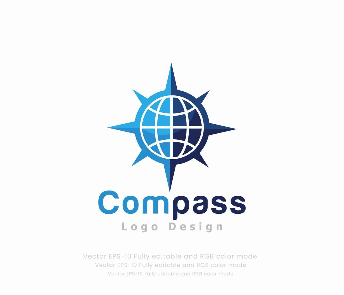 Compass logo design with a blue globe vector