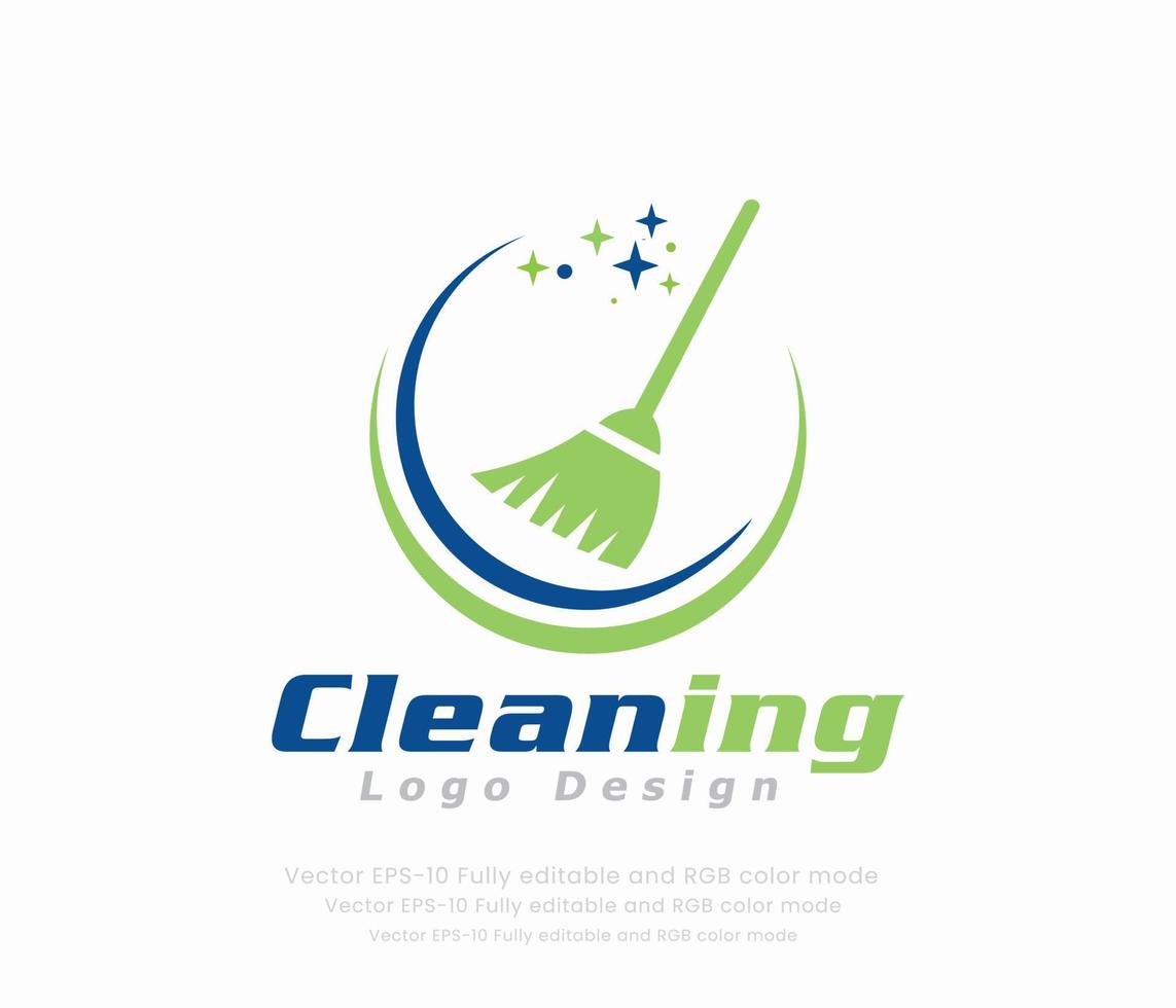 Cleaning logo design with a broom and stars vector