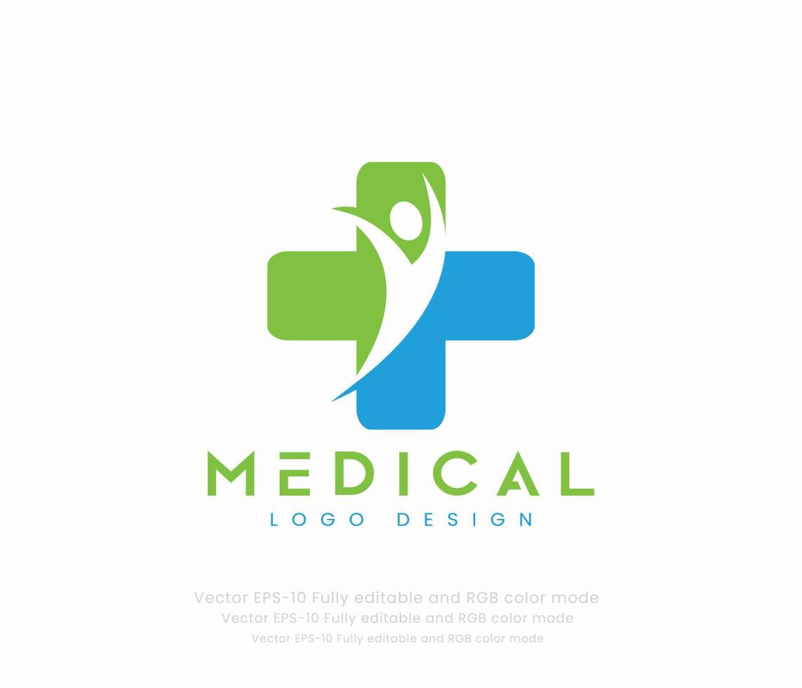 médico logo con un corazón y cruzar vector