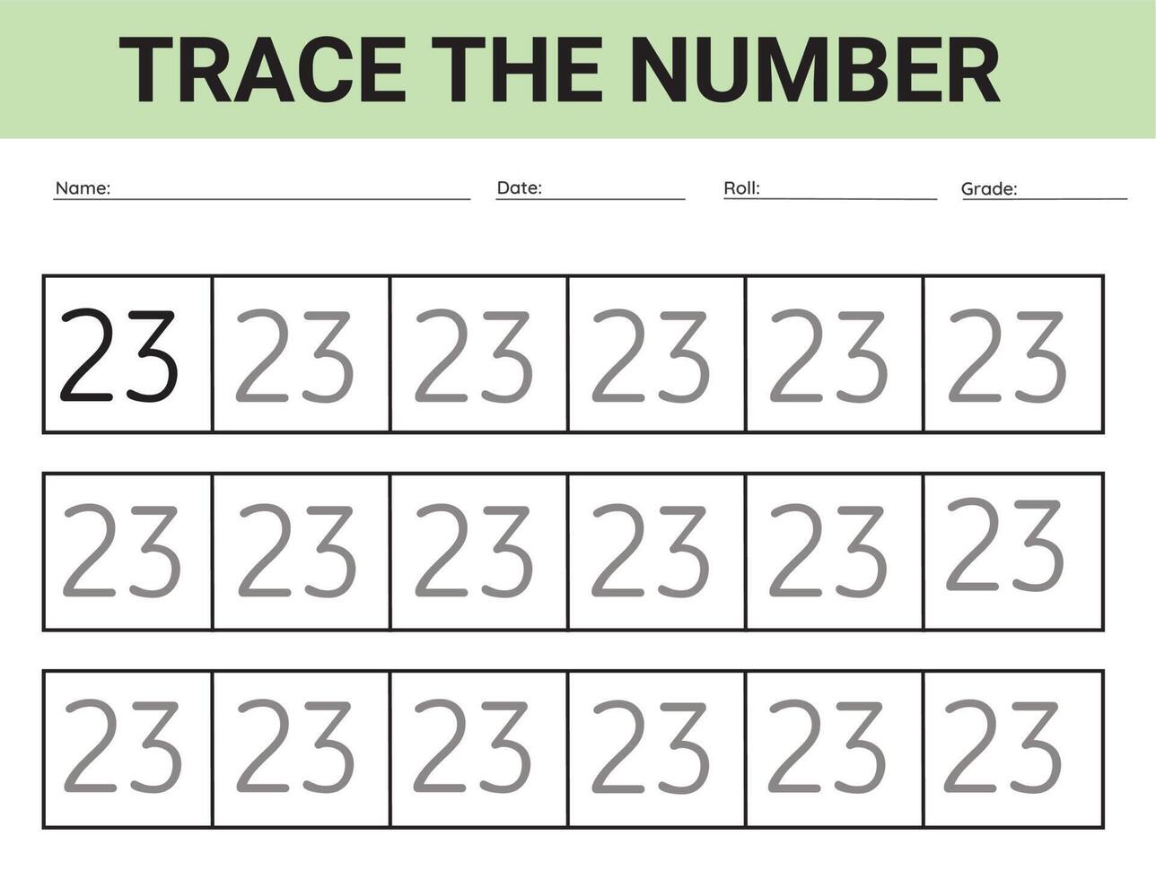 Number 23. card for kids learning to count and to write, worksheet for