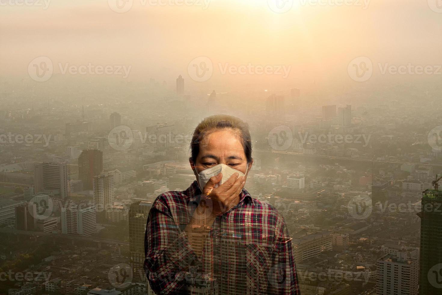 Woman wearing N95 PM 2.5 respiratory protection mask against air pollution and dust particles exceed safety limits. Healthcare, environmental, ecology concept. Allergy, headache. air danger in city. photo
