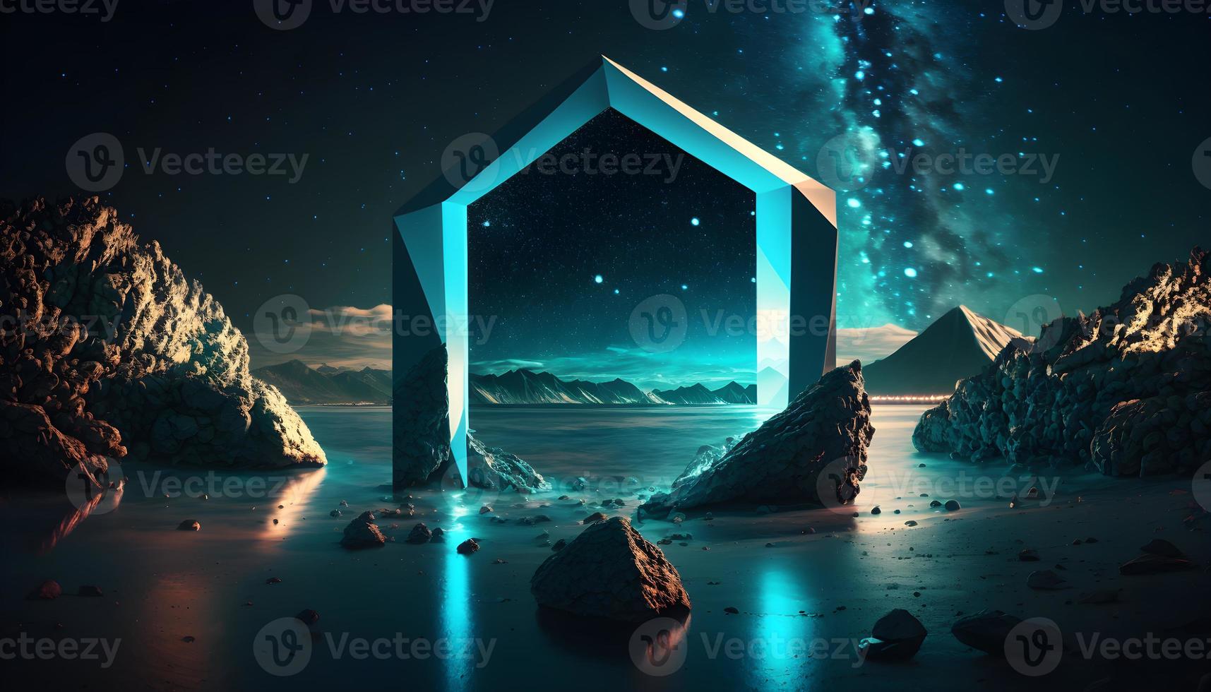 Minimalist abstract neon background with rhombus geometric shape, square frame, and water reflection under the night sky. Futuristic 3D wallpaper photo