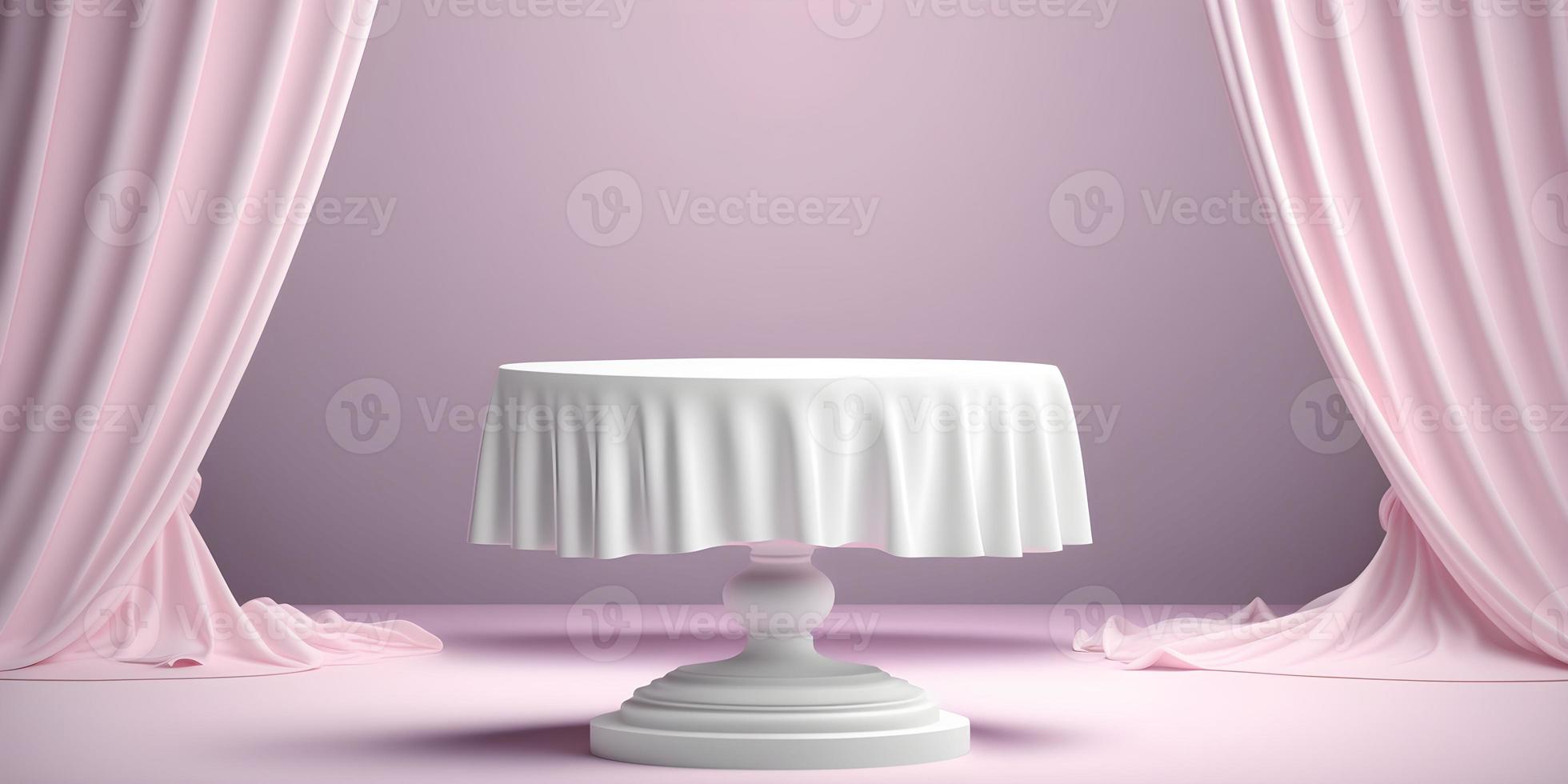 Empty Table with White Fabric on Pink Background with Long Space for Design photo
