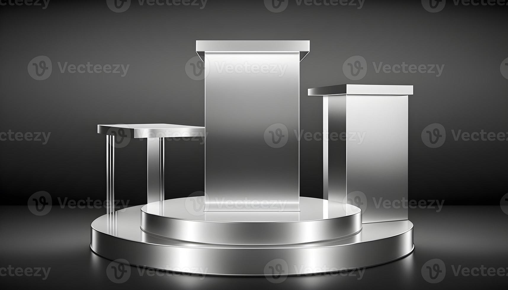 Sleek Steel Podium Display on Abstract Metal Stage 3D Background photo