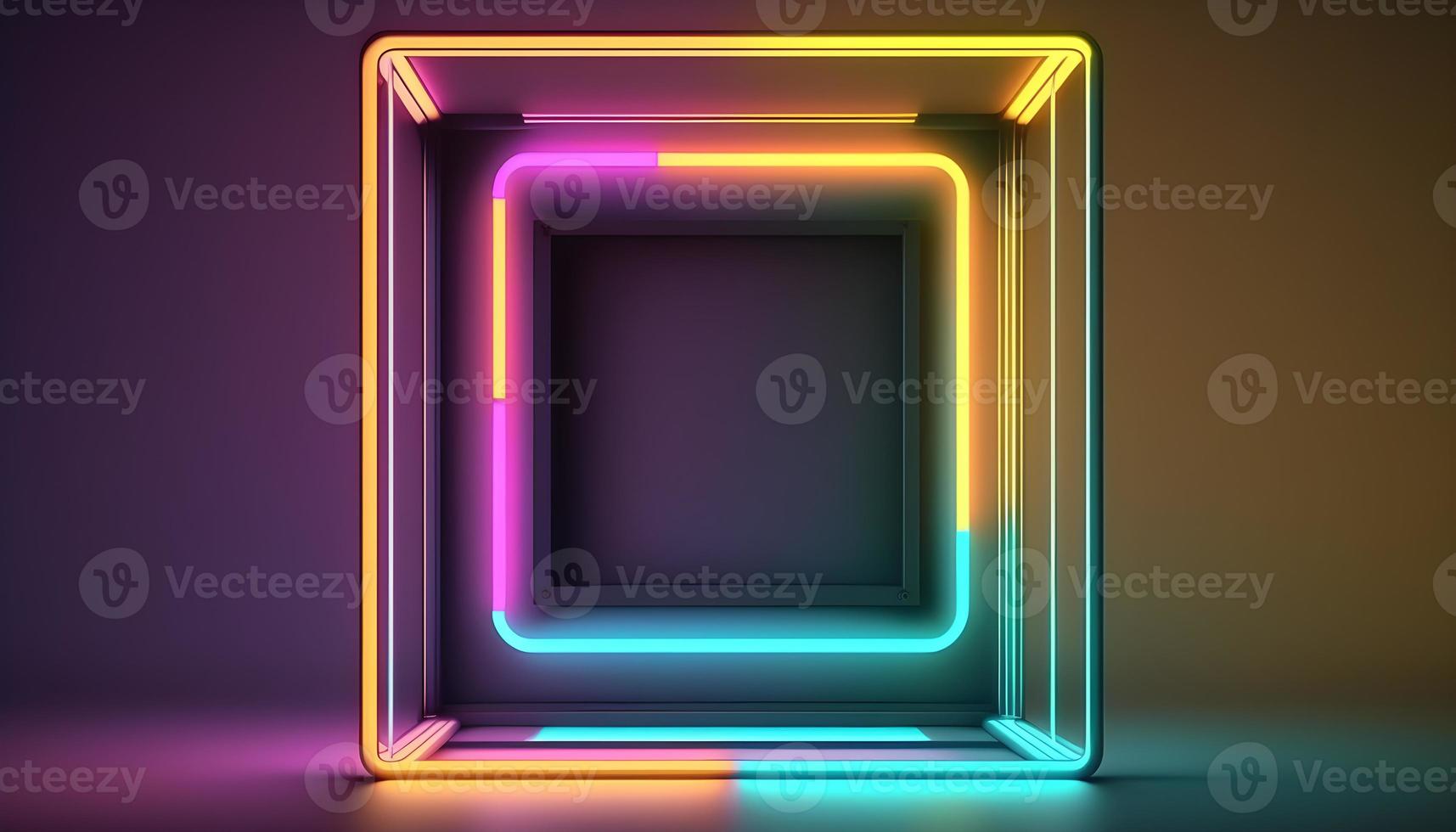 3d abstract colorful neon background with a square frame. Simple geometric shape, blank banner photo