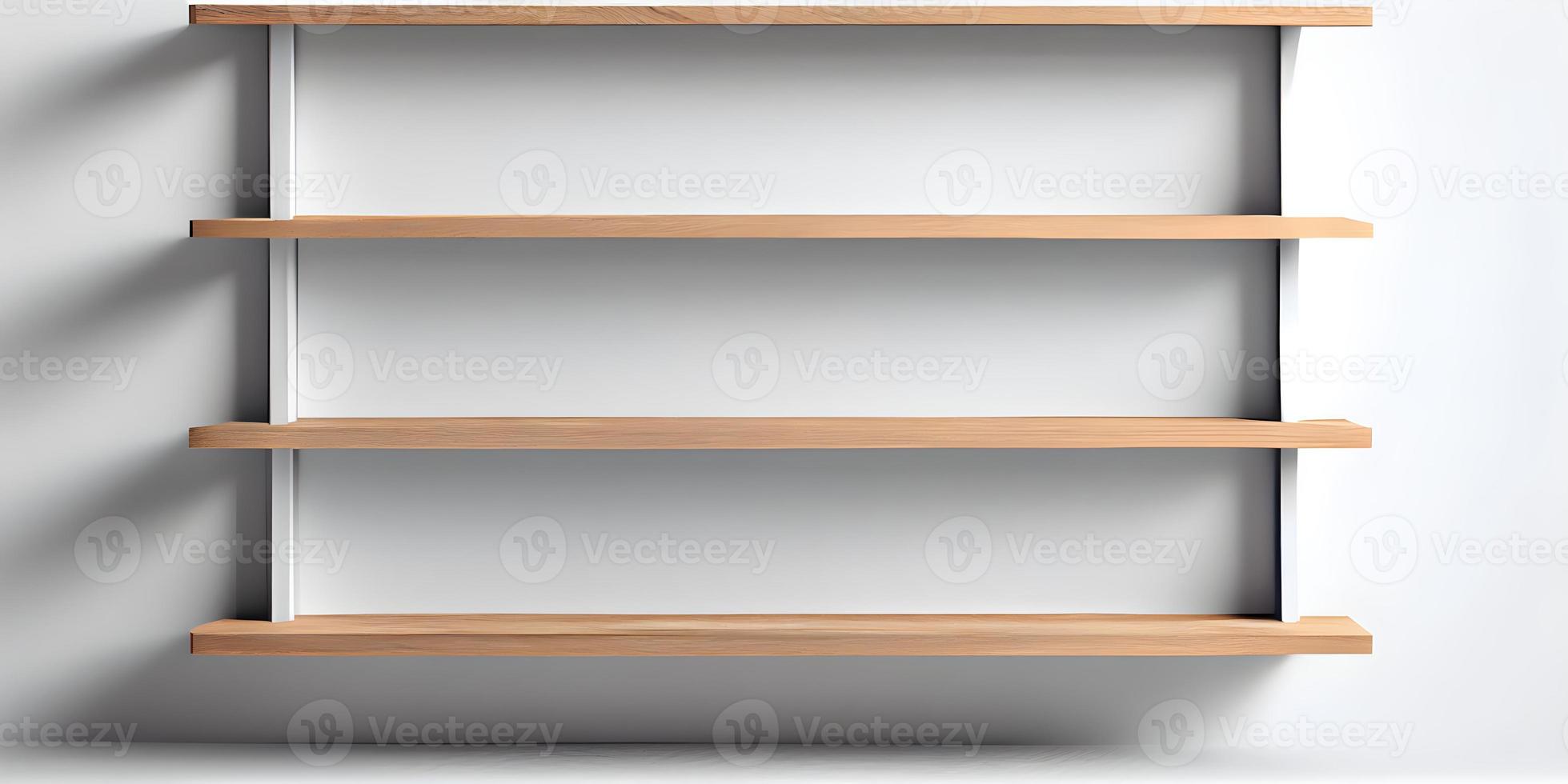 Wooden Shelf or Product Display on White Wall Background with Home Decoration Concept photo