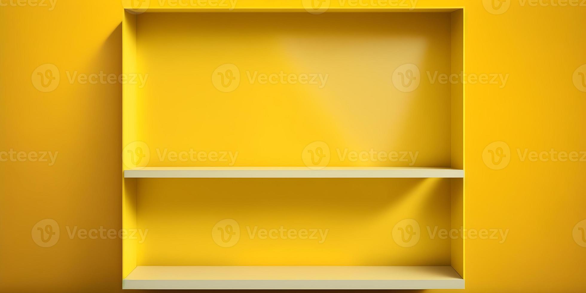 Front View of Empty Shelf on Vivid Yellow Wall Background with Modern Minimal Concept photo