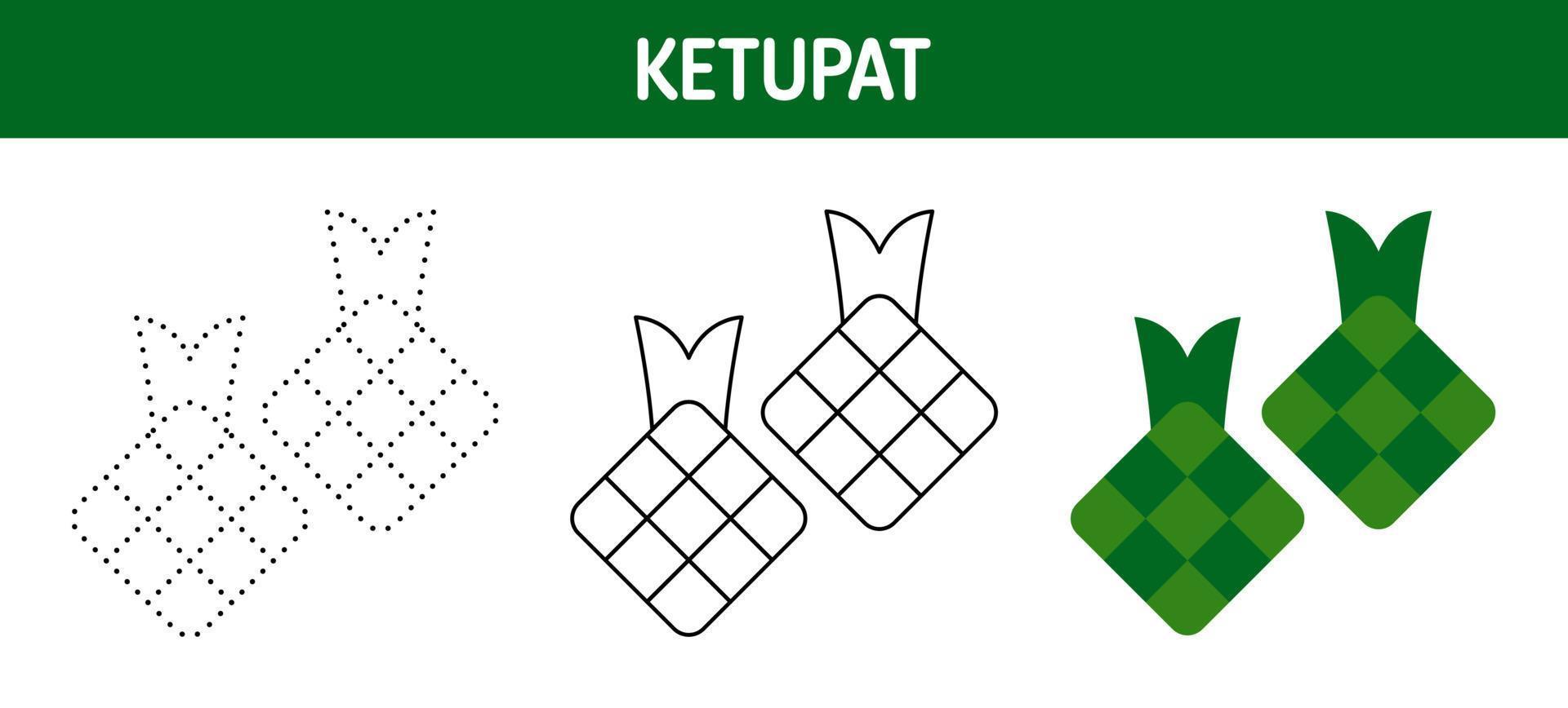 Ketupat tracing and coloring worksheet for kids vector