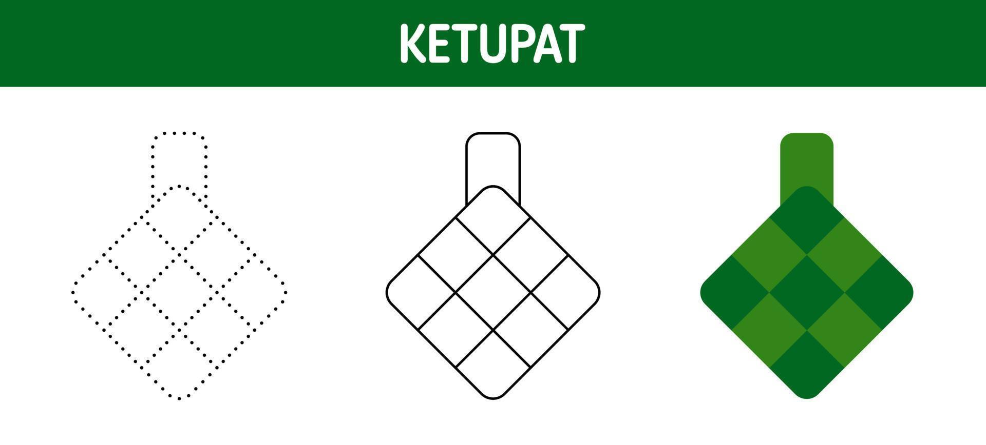 Ketupat tracing and coloring worksheet for kids vector