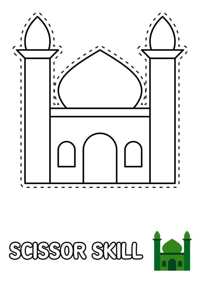 cortar con tijeras habilidad página con mezquita para niños vector