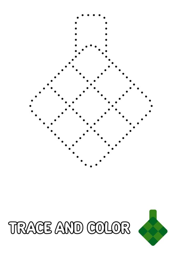 Ketupat tracing and coloring worksheet for kids vector