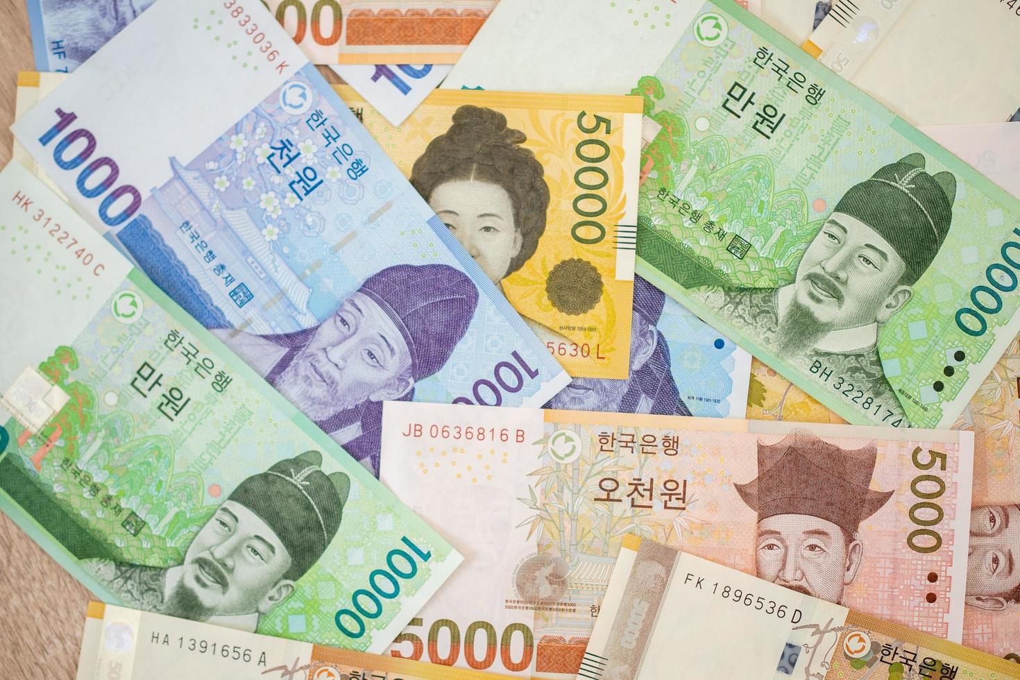 Current Use of South Korean Won Currency in Different value. Various bank notes placed. South Korean Won bank background. photo