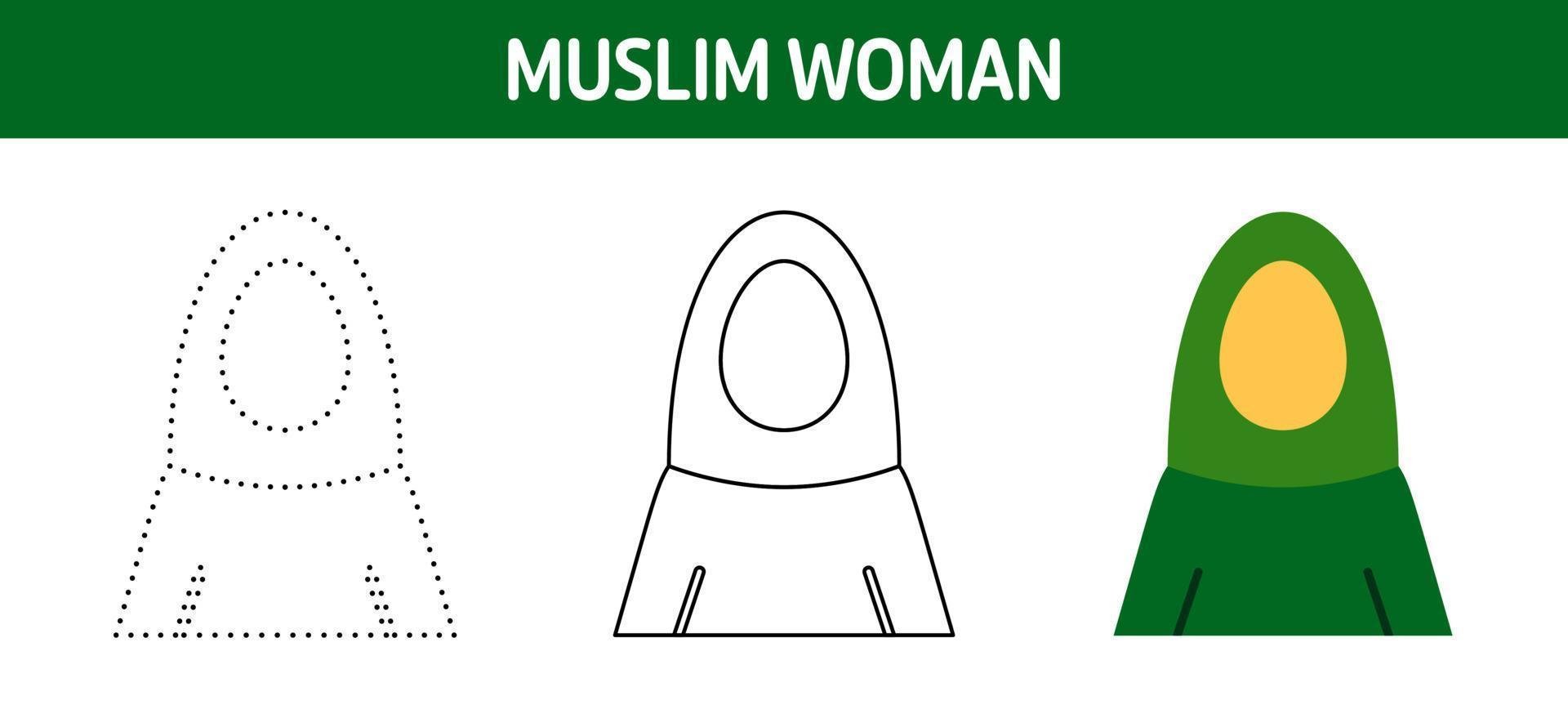 Muslim Woman tracing and coloring worksheet for kids vector