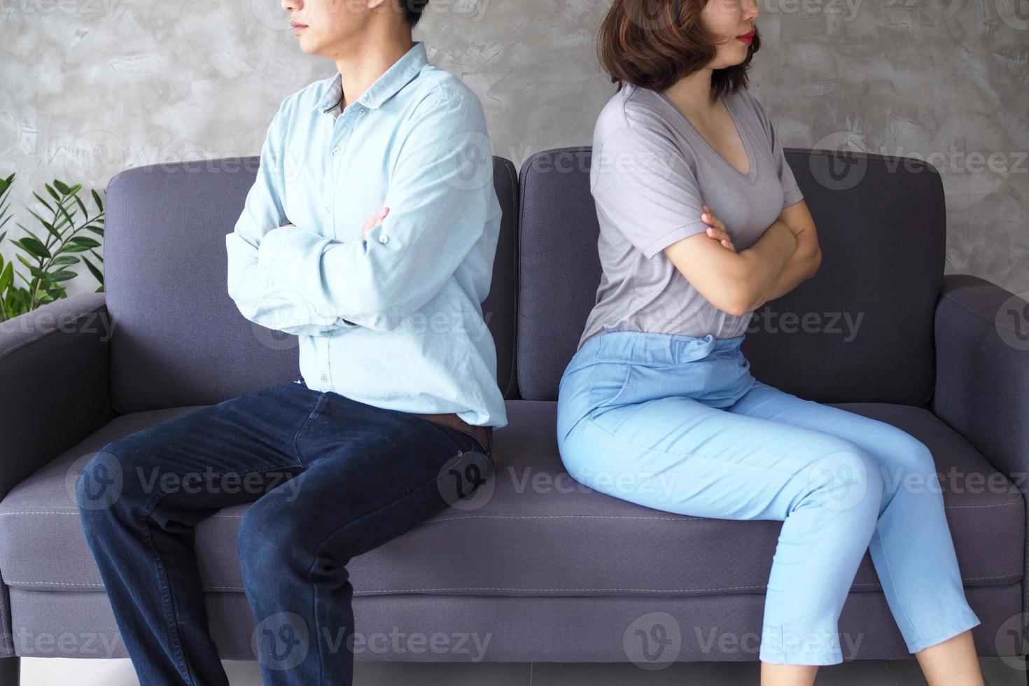 Couples are bored, stressed, upset and irritated after quarreling. Family crisis and relationship problems that come to an end photo