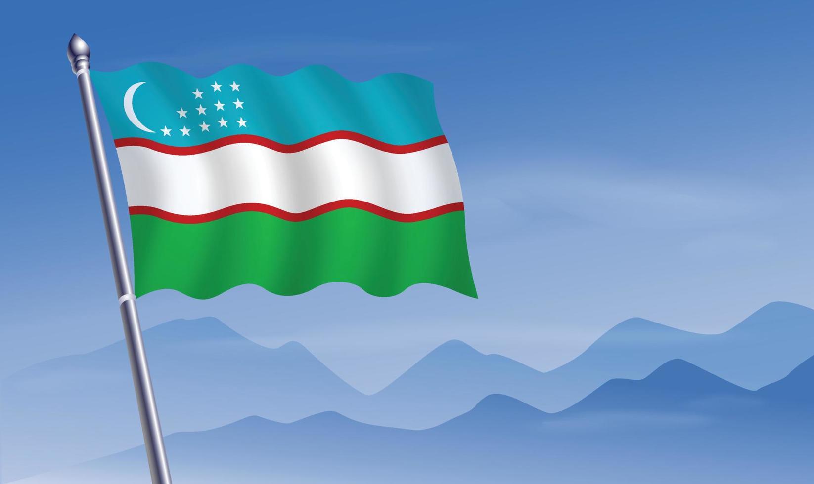 Uzbekistán bandera con antecedentes de montañas y cielo vector