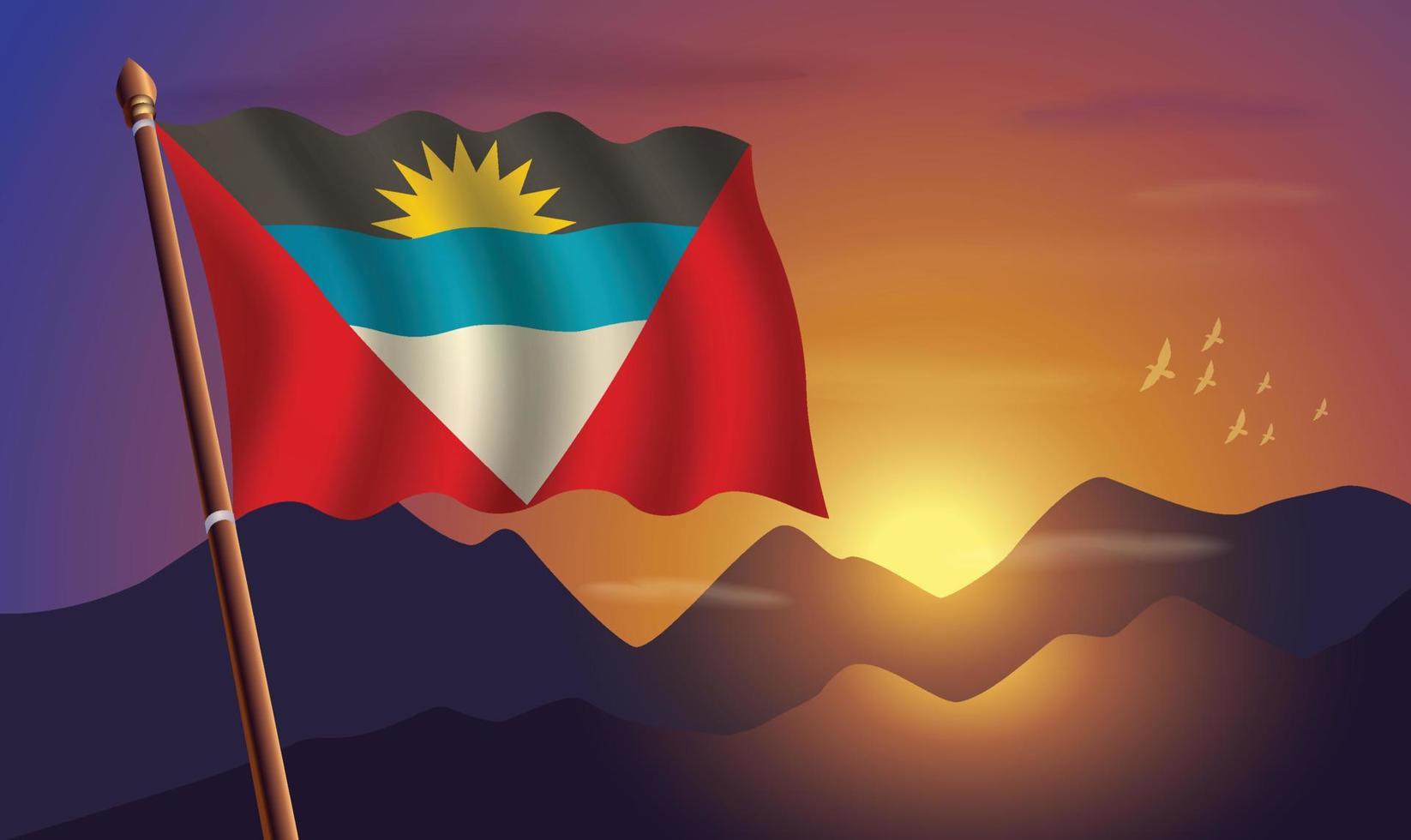 Antigua and Barbuda flag with mountains and sunset in the background vector