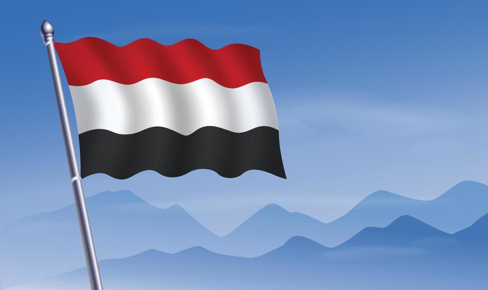 Yemen flag with background of mountains and sky vector
