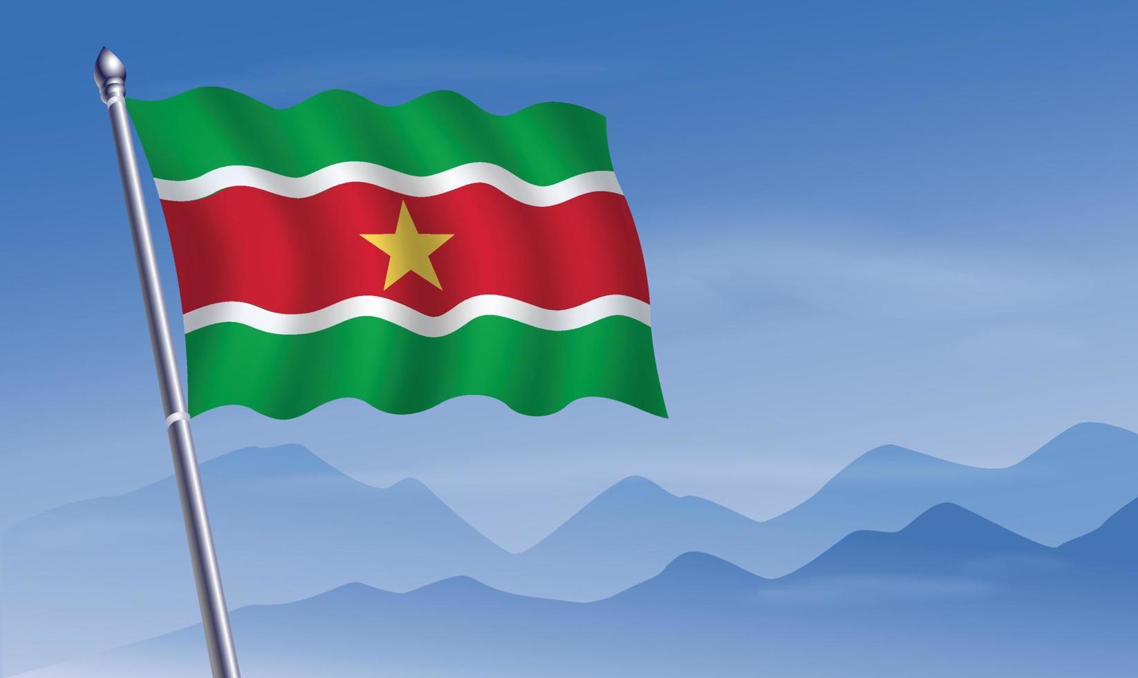 Suriname flag with background of mountains and sky vector