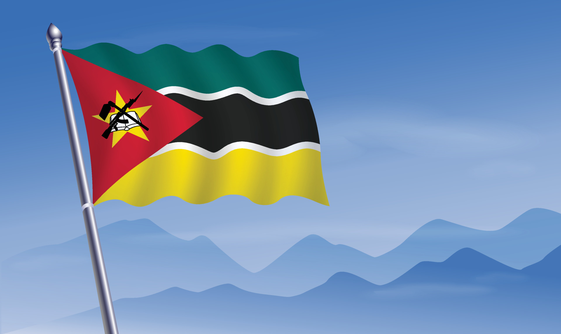 Mozambique flag with background of mountains and sky 20809595 Vector