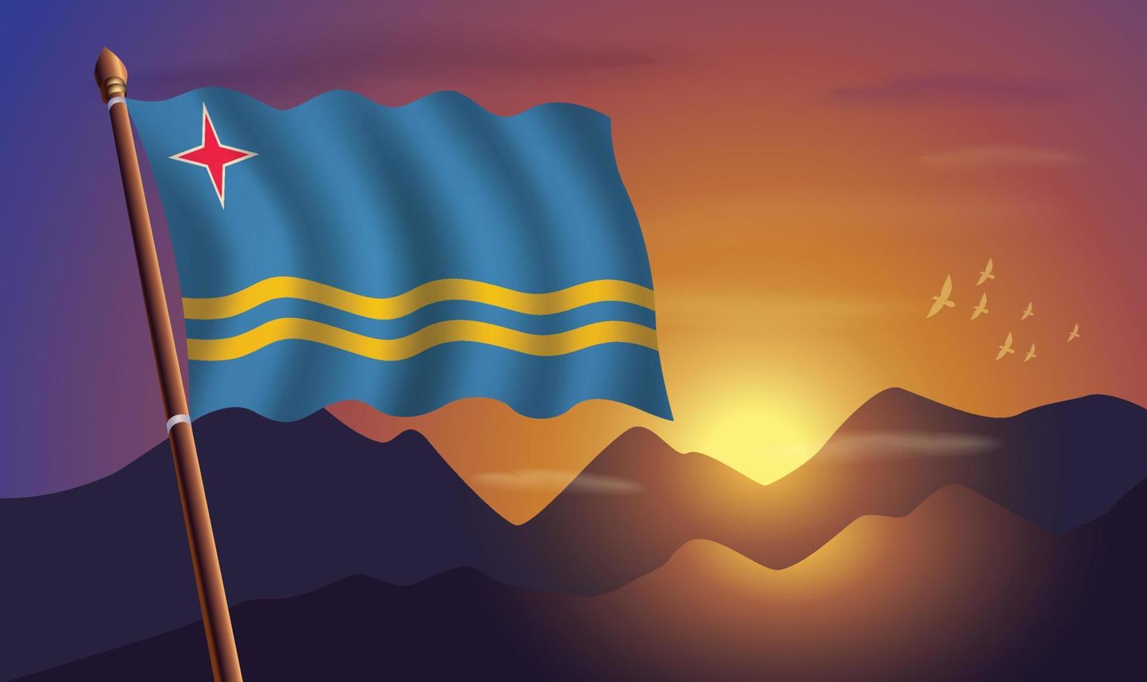 Aruba flag with mountains and sunset in the background vector