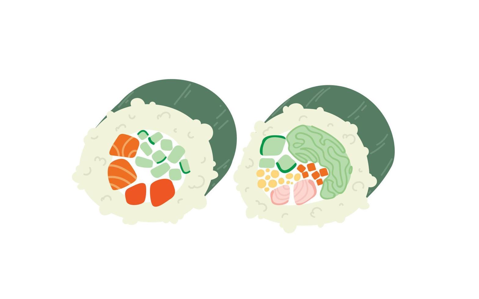 sushi roll with sesame, japanese food. Sushi roll cartoon style icon. Sushi isolated on white background. Vector cartoon sushi.  Hand draw style sushi rolls.sian food