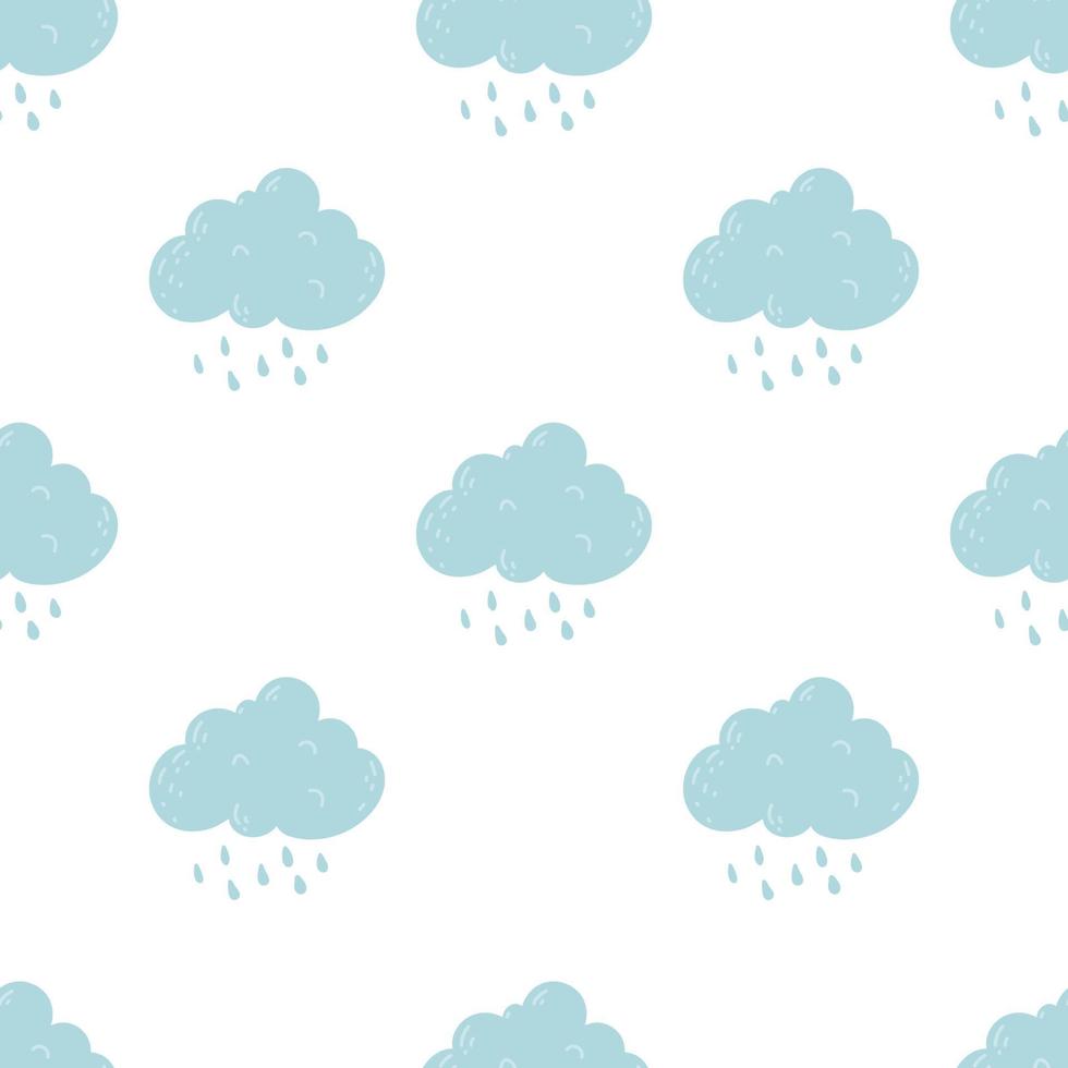 Cute cartoon cloud seamless pattern with rain drop, grey background, vector illustration. Flat Design Autumn Seamless Raincloud Pattern.