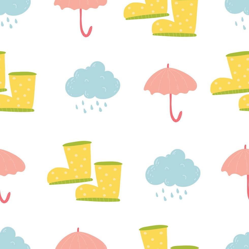 cute cartoon seamless vector pattern with yellow rubber boots, umbrella and raining background. Endless backdrop with rainly weather, textile fabric or wrapping paper. Decorative doodle wallpaper.