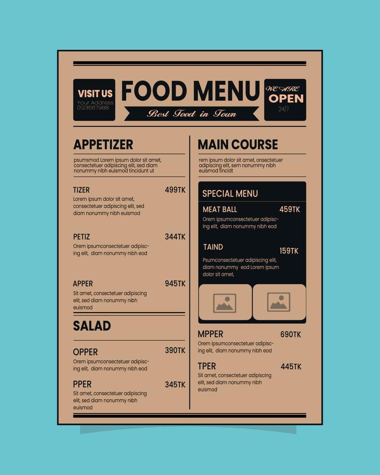 FOOD MENU ONE PAGE vector