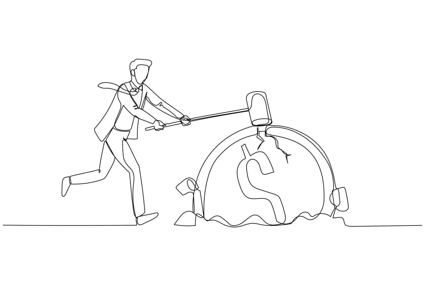 Drawing of businessman hit dollar coin into the ground. Concept of safing money. Continuous line art vector