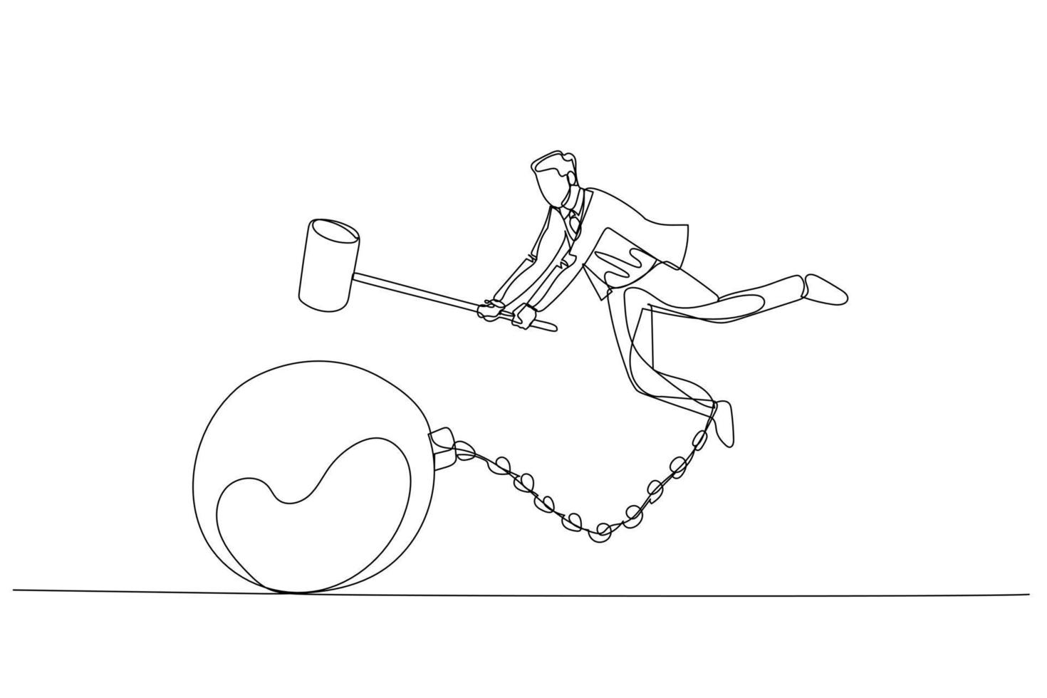 Illustration of businessman smash chain steel ball with hammer. Concept of break free. Single line art style vector