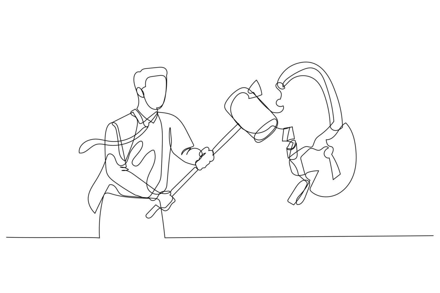 Illustration of businessman with hammer smash padlock. Concept of problem solving. Single line art style vector