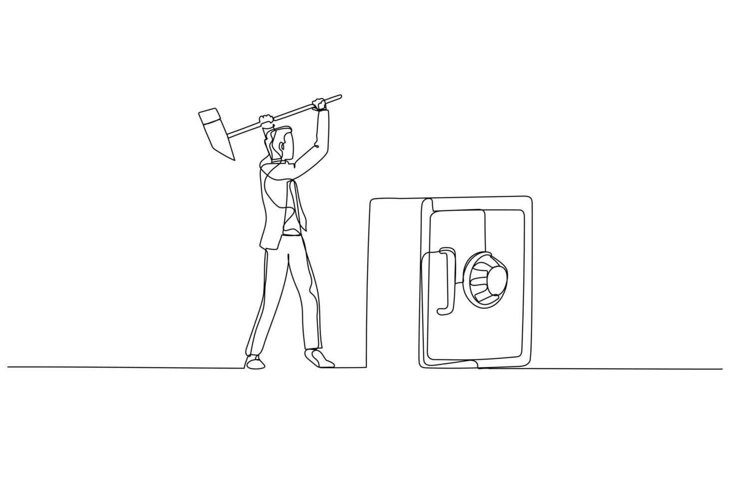 Illustration of businessman try to break safety deposit box with hammer. Concept of crime. Single continuous line art style vector