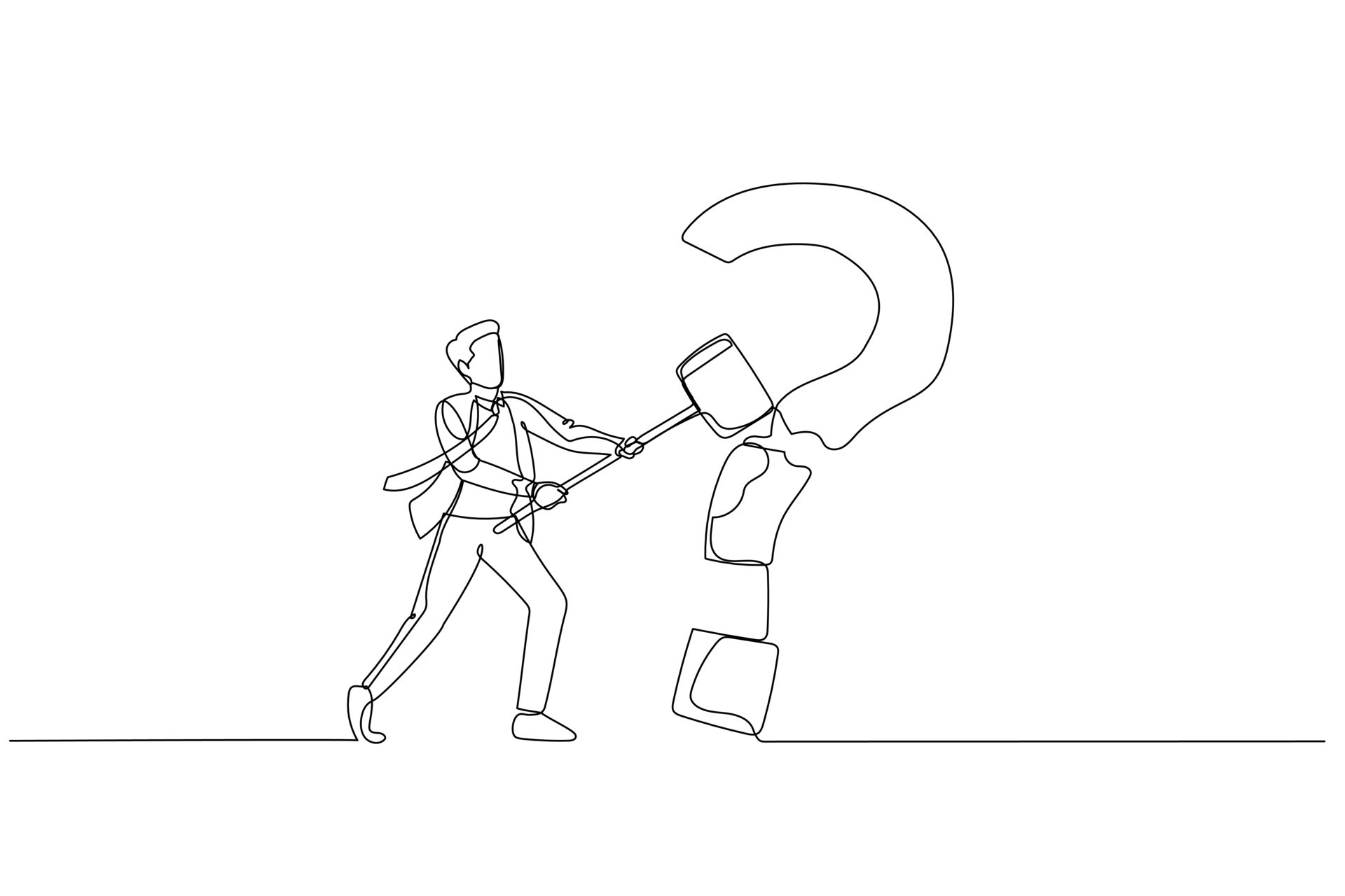 Drawing of businessman with hammer hit question mark sign. Concept of