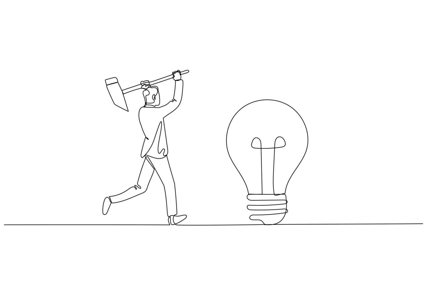 Cartoon of businessman with hammer try to break lamp. Concept of idea generation. One line art style vector