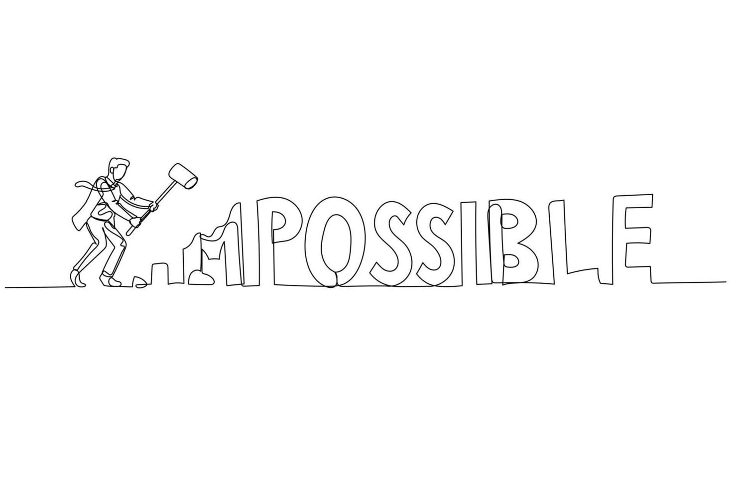Illustration of businessman destry impossible make it to possible. Concept of optimism. Single line art style vector
