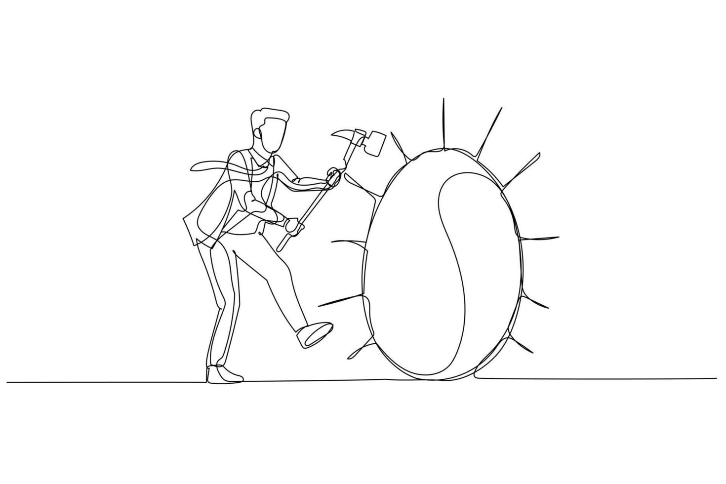 Drawing of businessman try to hit giant golden egg. Concept of business success and tough luck. Single continuous line art style vector