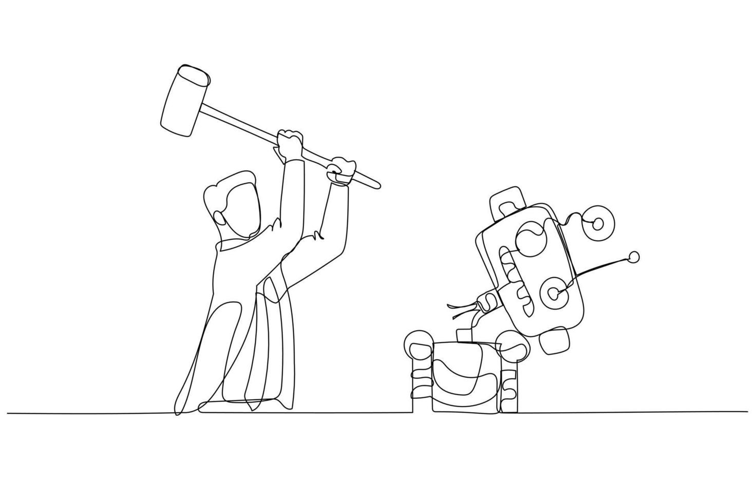 Drawing of businessman destroying robot with hammer. Concept of human resource vs AI artificial Intelligence. Continuous line art vector