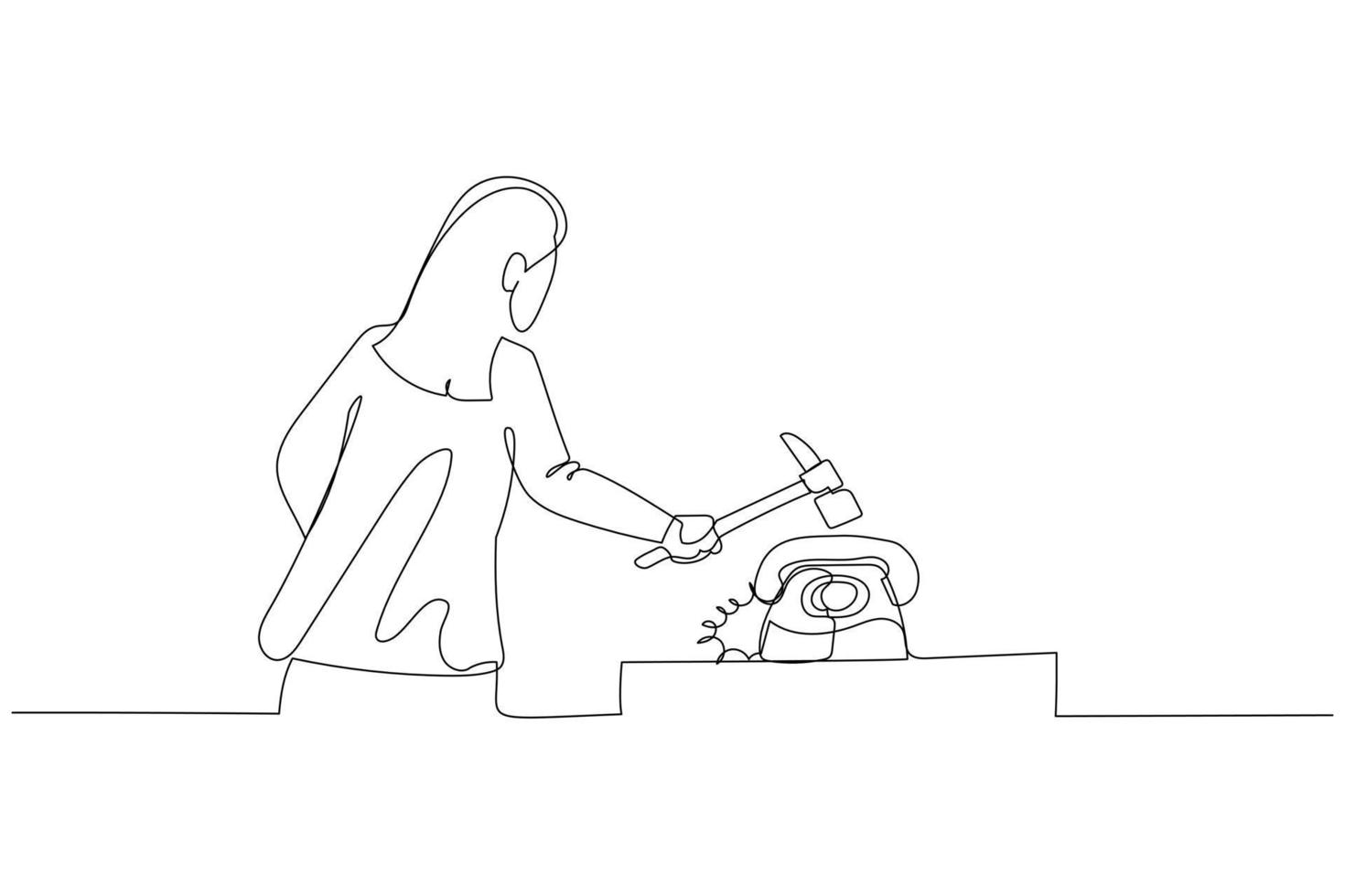 Drawing of businesswoman with hammer smashing telephone. Concept of furious. One line art style vector