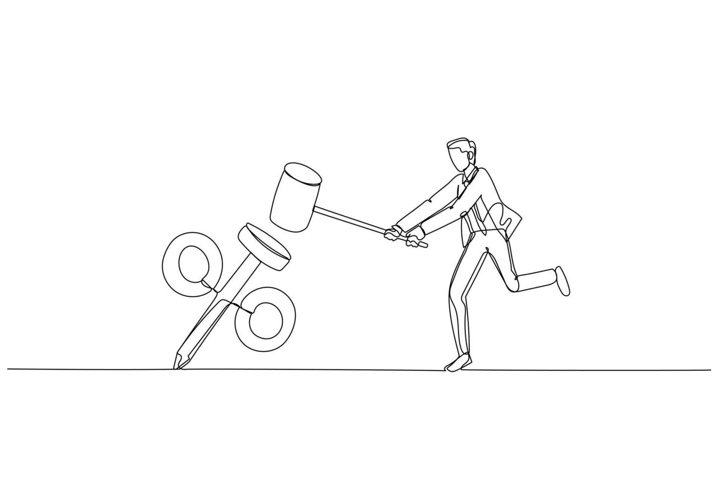Drawing of businessman using hammer smash the percentage sign to the floor. Concept of interest rate. Single continuous line art style vector