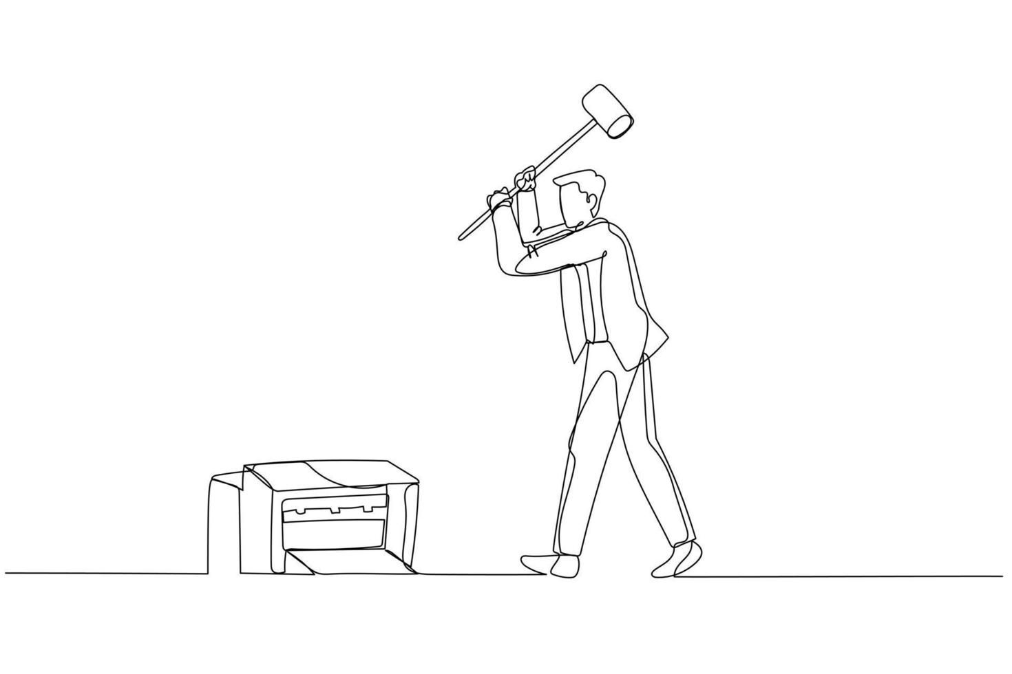 Cartoon of businessman holding sledge hammer ready to smash printer. Concept of angry. One continuous line art style vector