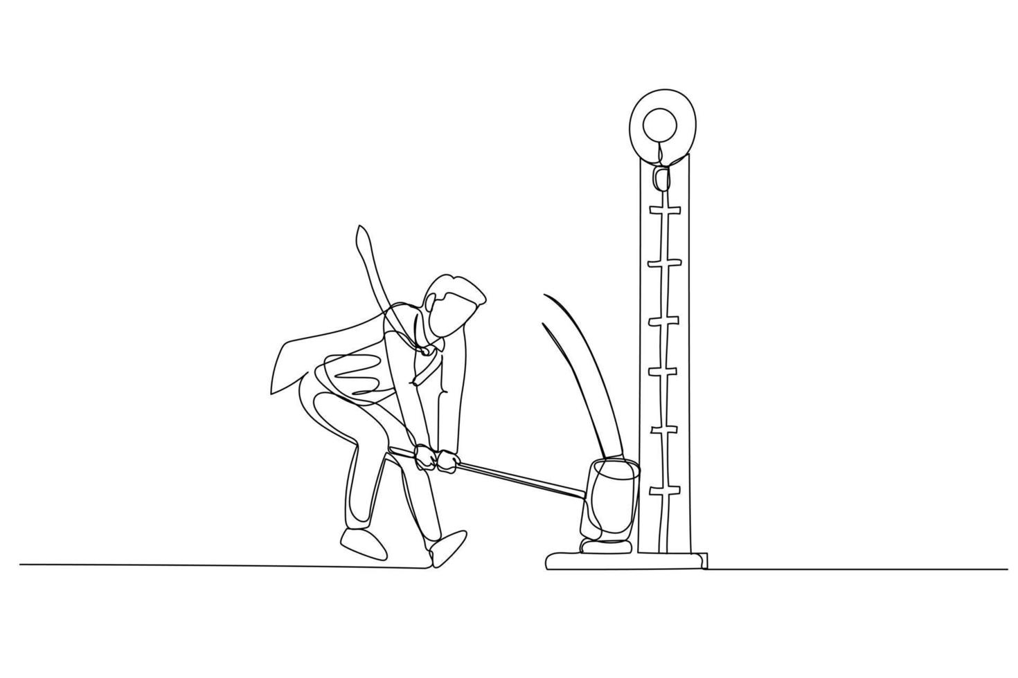 Cartoon of businessman hitting strength measurement tool. Concept of power estimation. One line style art vector