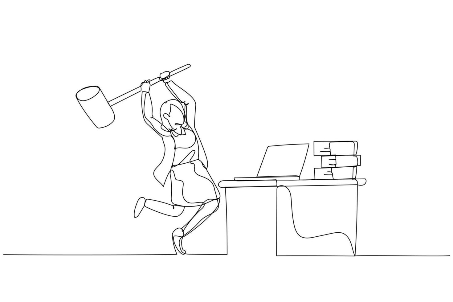 Drawing of businesswoman hitting computer. Concept of frustation at work. One line art style vector